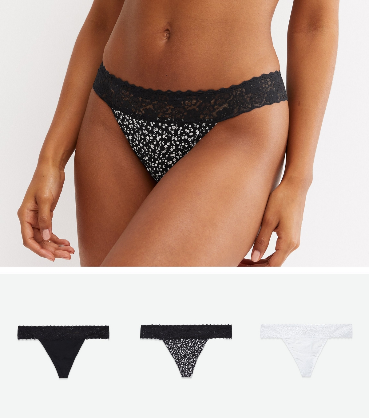 Women's 3 Pack Black and White Floral Lace Waist Thongs New Look
