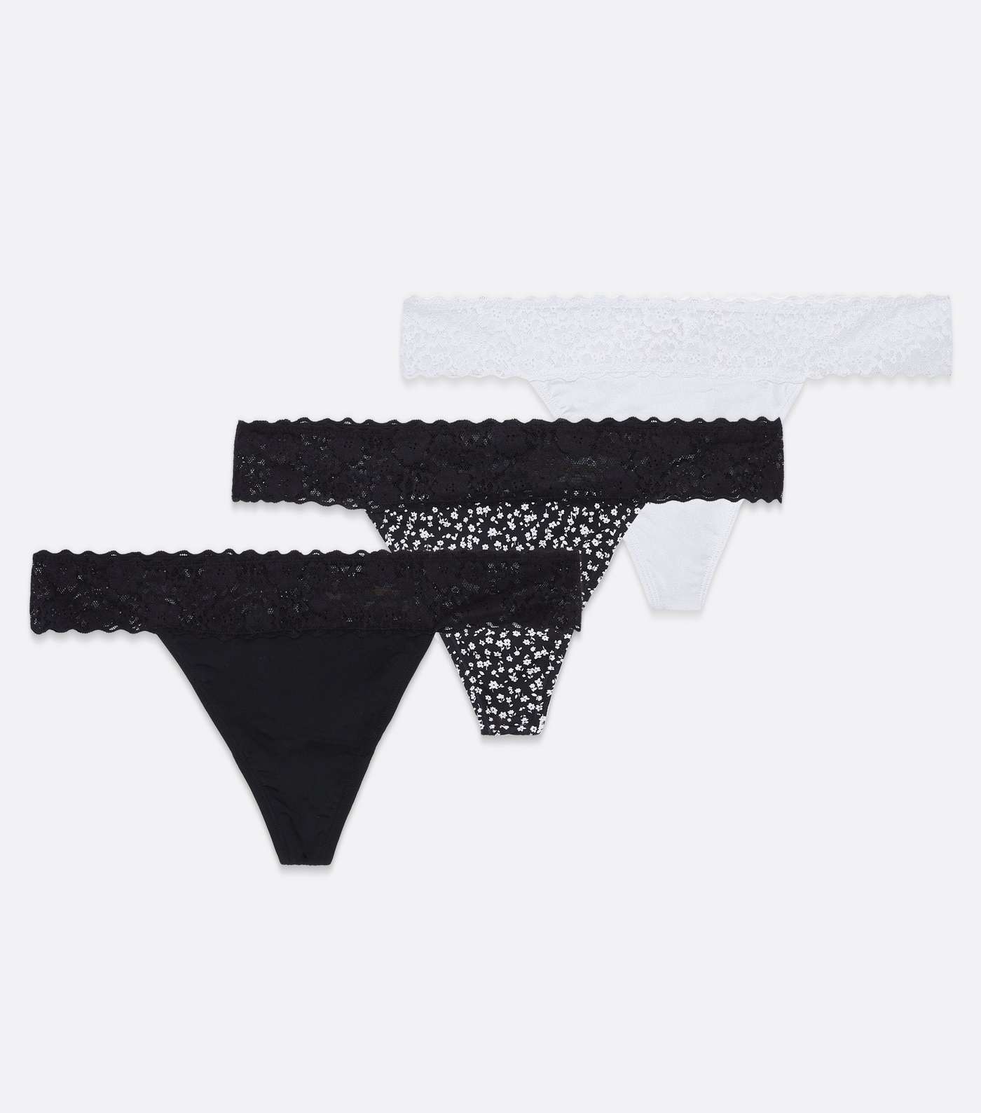 3 Pack Black and White Floral Lace Waist Thongs Image 5