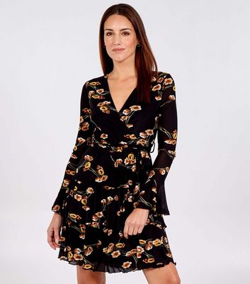 Click to view product details and reviews for Blue Vanilla Black Floral Tiered Mini Wrap Dress New Look.