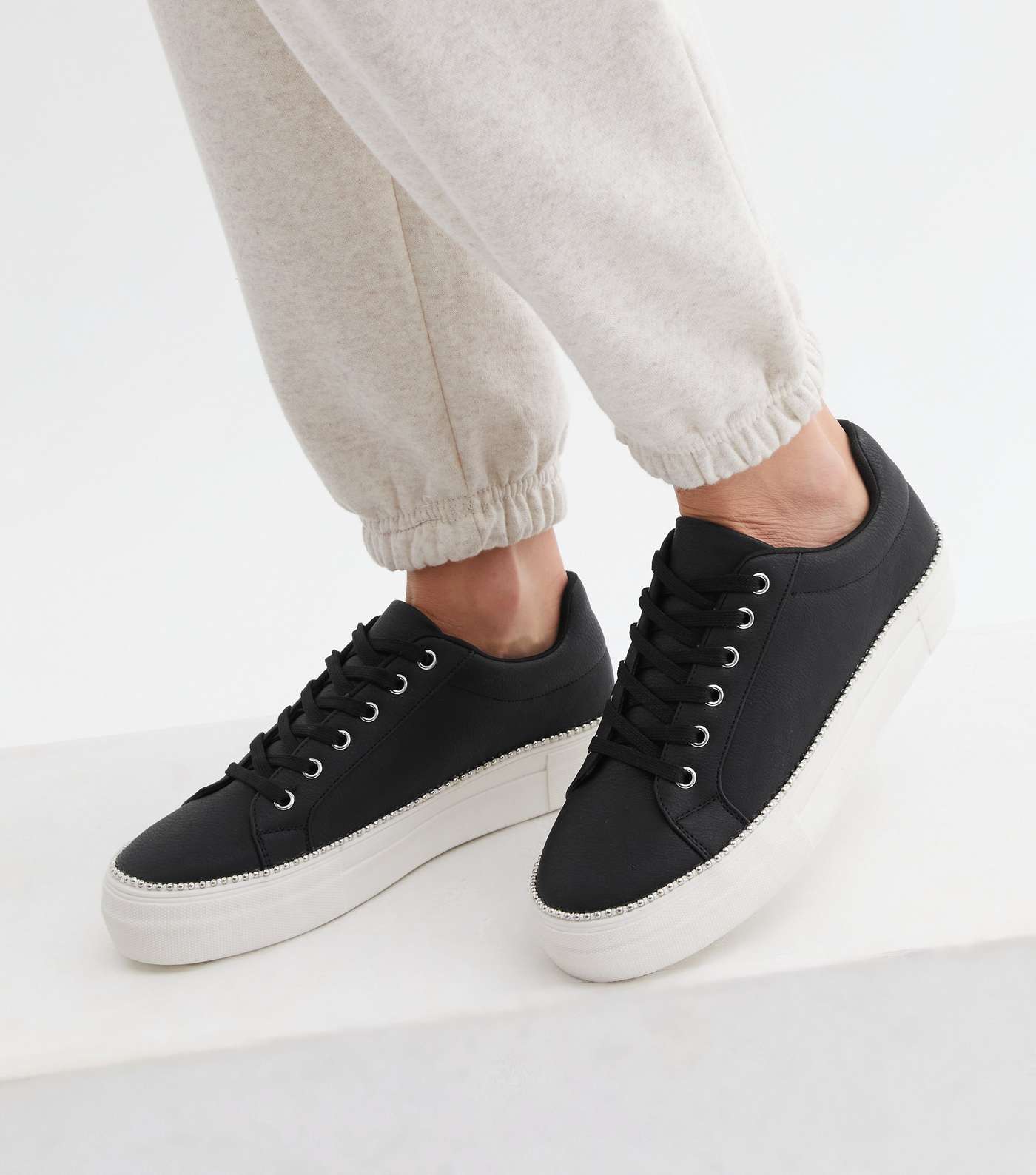 Black Leather-Look Chain Lace Up Flatform Trainers Image 2