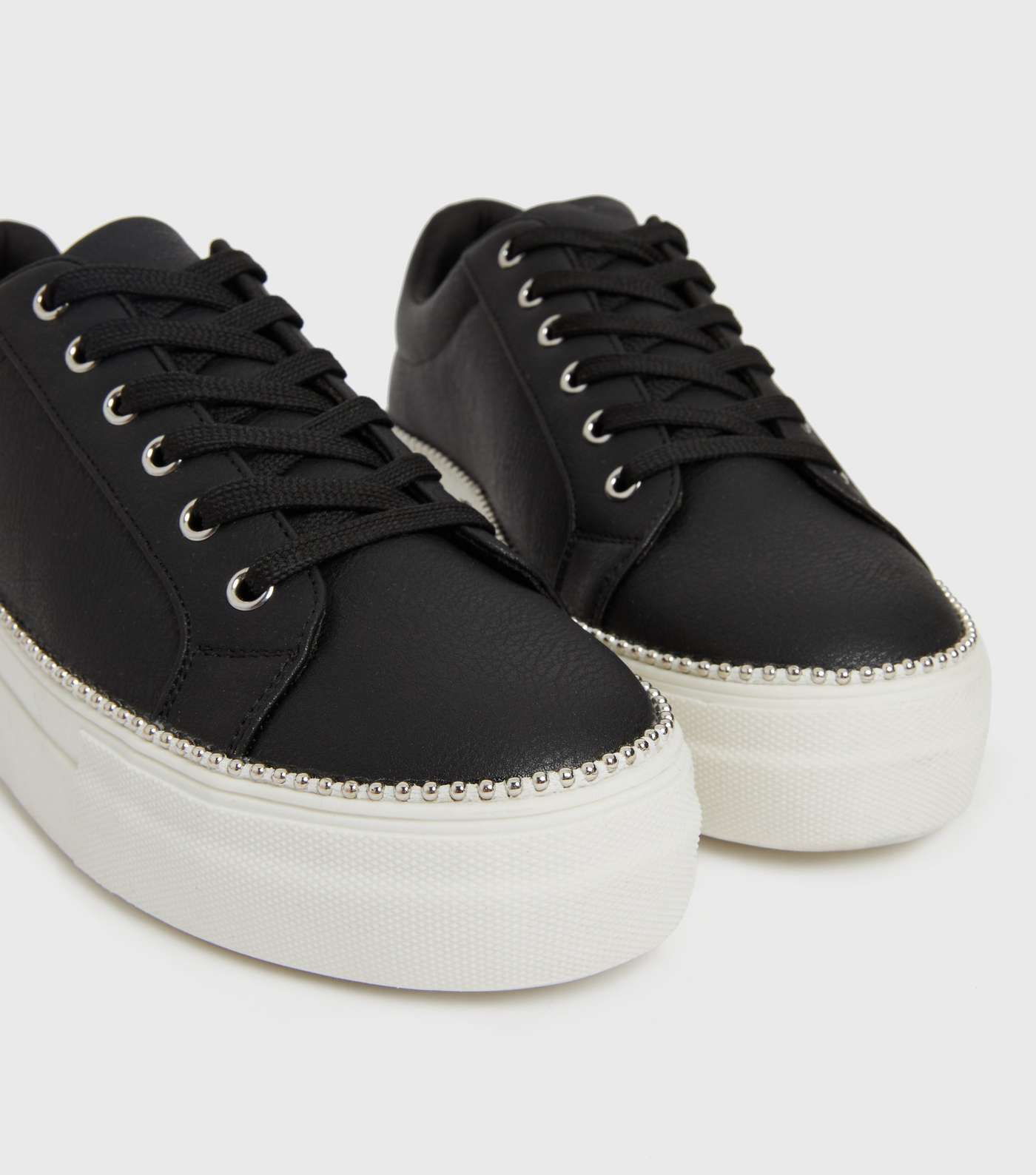 Black Leather-Look Chain Lace Up Flatform Trainers Image 4