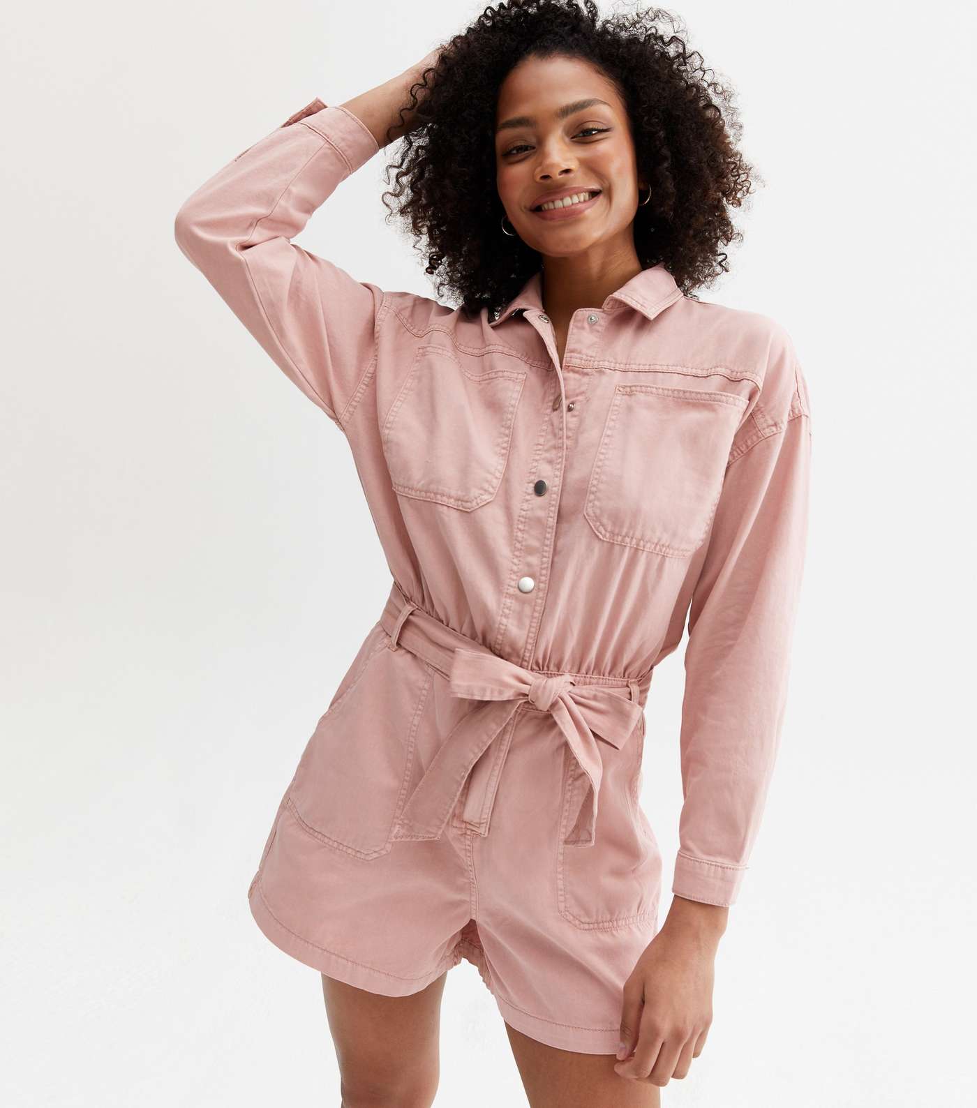 Pale Pink Denim Long Sleeve Belted Utility Playsuit