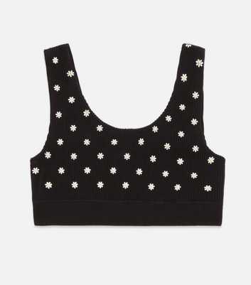 Girls Black Daisy Ribbed Seamless Crop Top