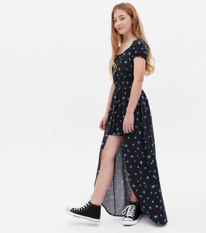 Girls Black Floral Dip Hem Playsuit