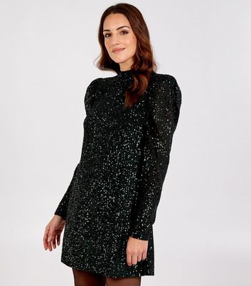 Blue Vanilla Dark Green Sequin Puff Sleeve Mini Dress New Look