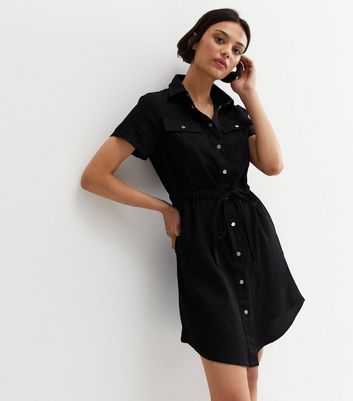 Black Denim Tie Waist Mini Shirt Dress