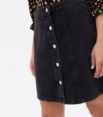 Black Denim Button Front A Line Mini Skirt New Look