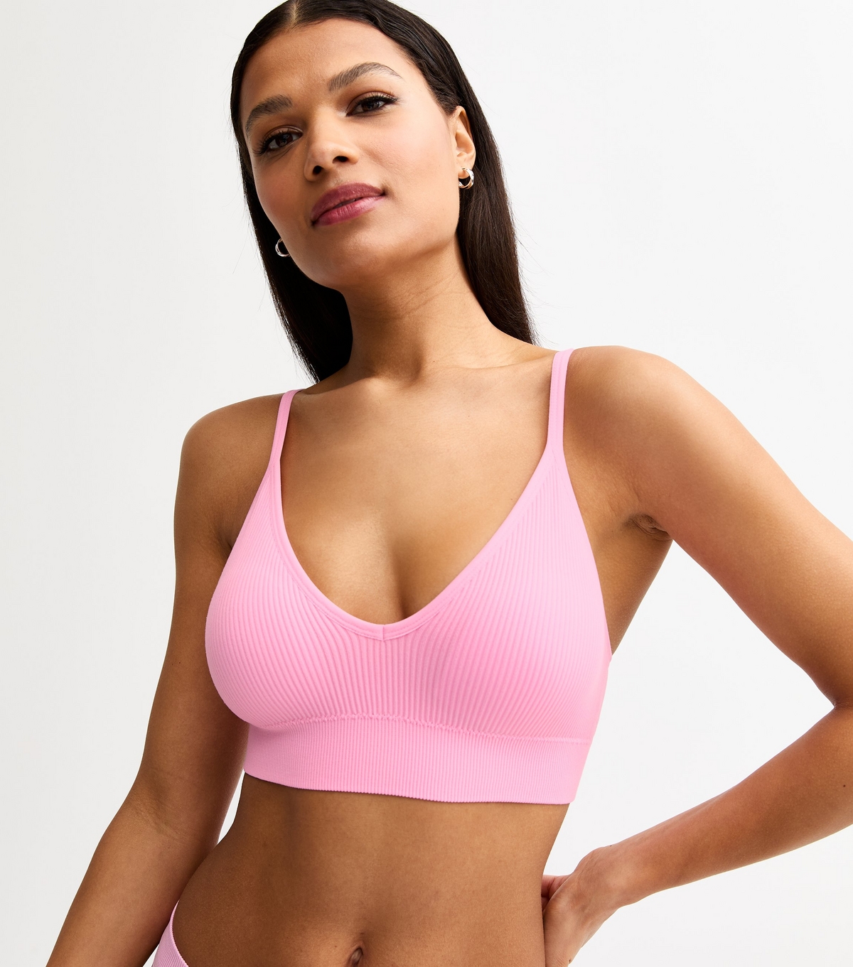 Women's Pink Seamless Ribbed V-Neck Bra New Look