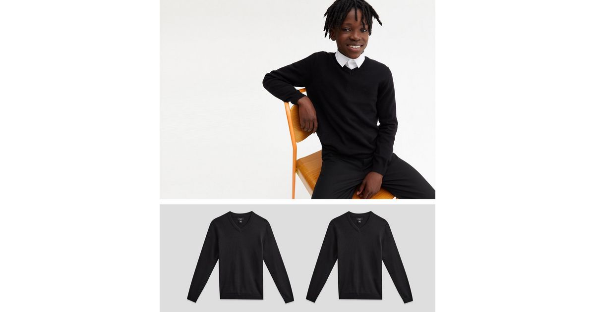 2 Pack Black V Neck School Jumpers | New Look