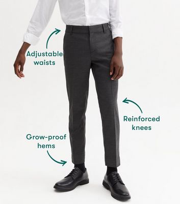 Boys Dark Grey Adjustable Waist Slim Leg School Trousers New Look