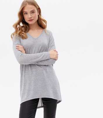 Pale Grey Fine Knit V Neck Long Top