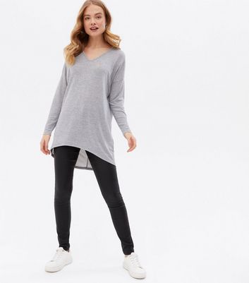 Pale Grey Fine Knit V Neck Long Top New Look