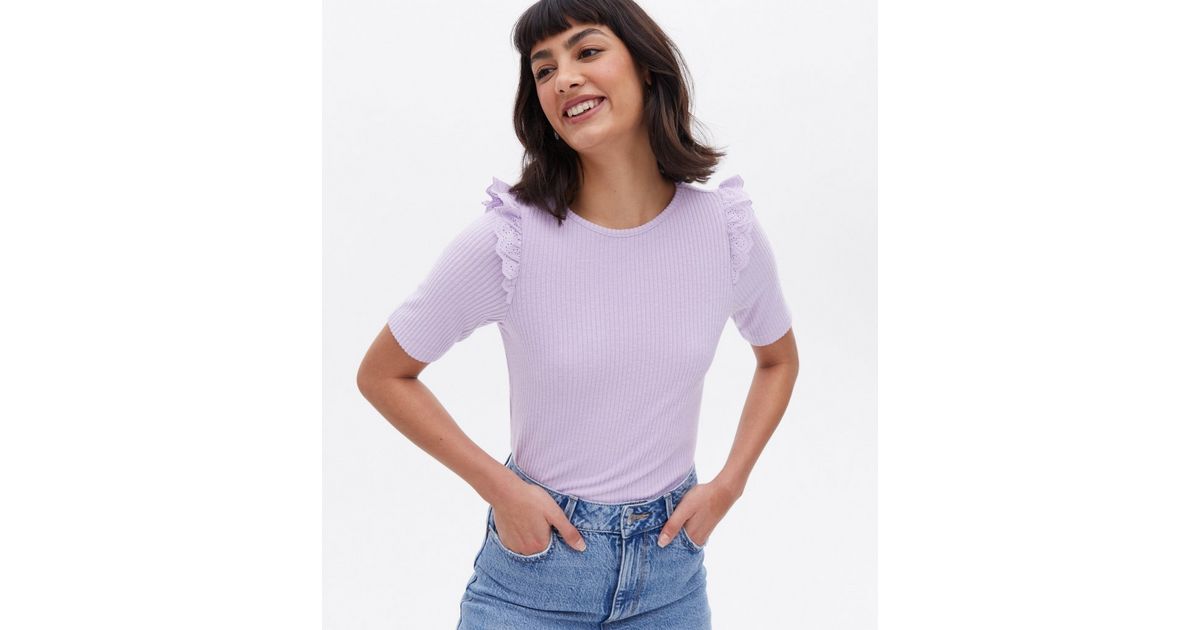 Lilac Fine Knit Broderie Frill Trim T-Shirt | New Look