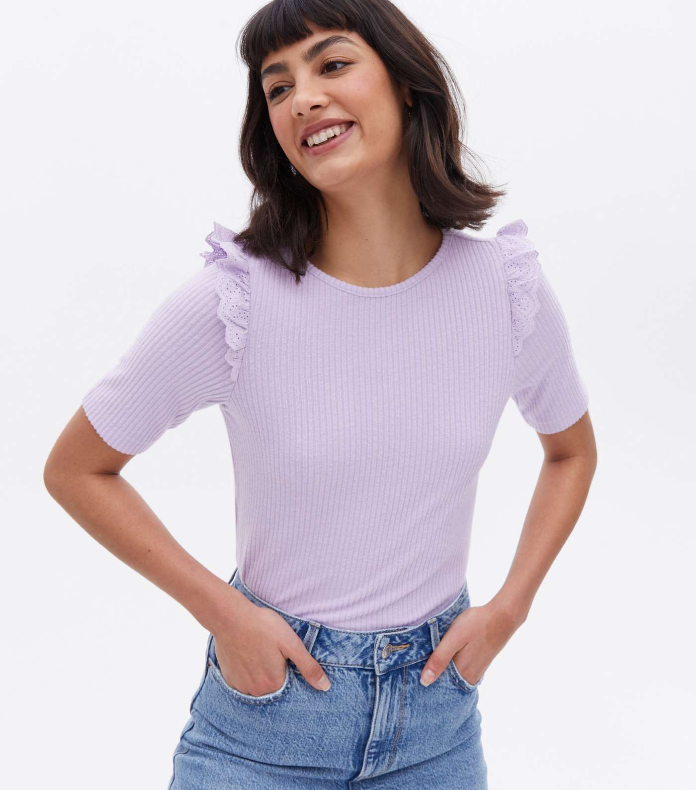 Lilac Fine Knit Broderie Frill Trim T-Shirt