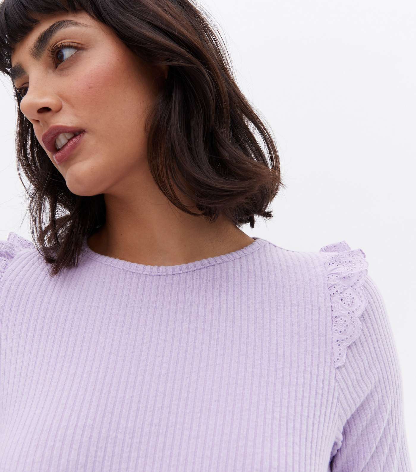 Lilac Fine Knit Broderie Frill Trim T-Shirt Image 3
