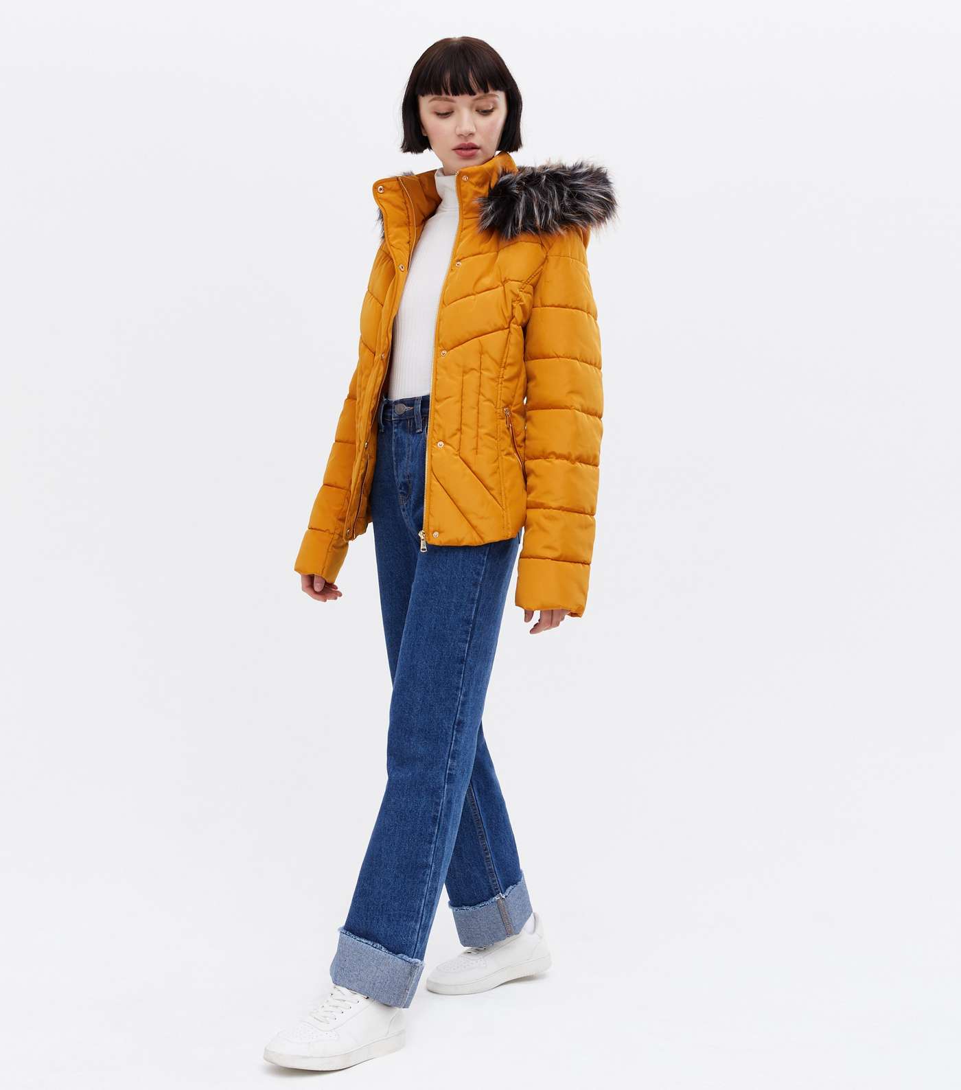 Blue Vanilla Mustard Fitted Faux Fur Hooded Puffer Jacket Image 2