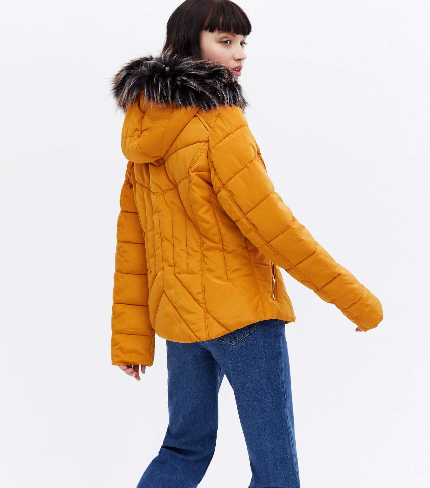 Blue Vanilla Mustard Fitted Faux Fur Hooded Puffer Jacket Image 4