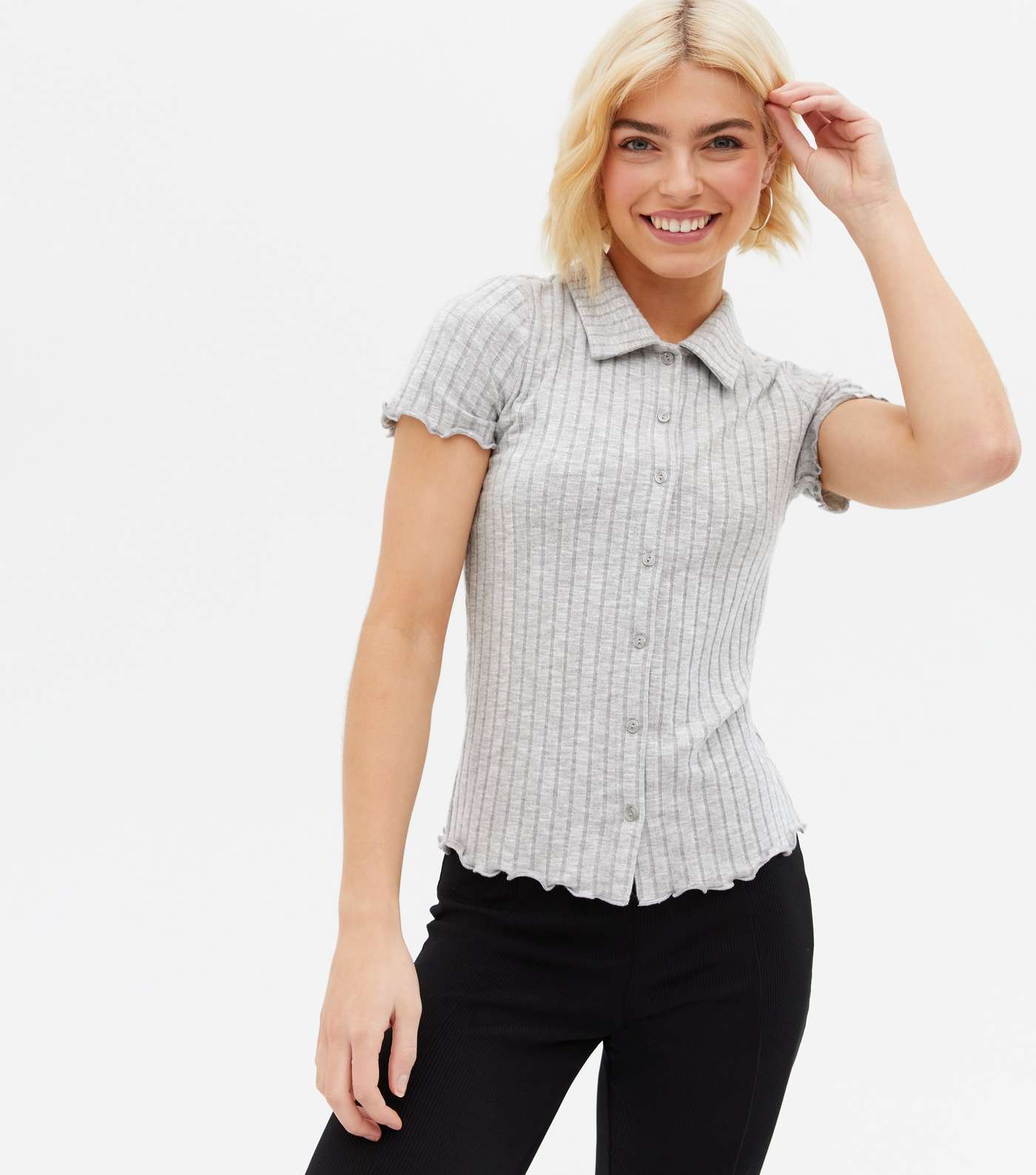 Pale Grey Fine Knit Frill Collared Polo Top