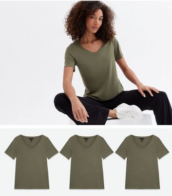 3 Pack Khaki Jersey V Neck T-Shirts 