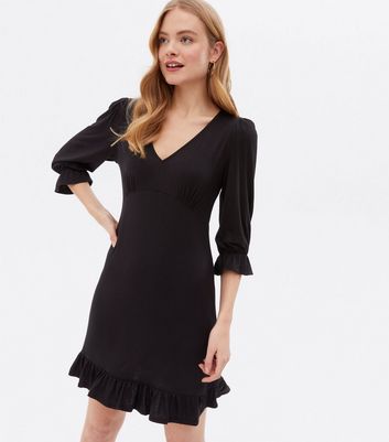 Damen Bekleidung Black V Neck 3/4 Sleeve Frill Mini Dress