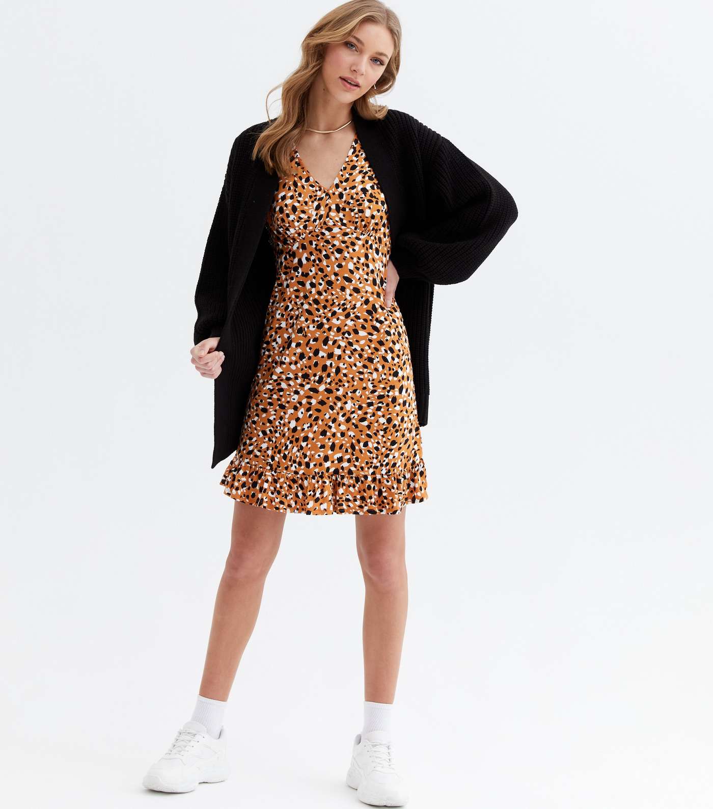 Brown Leopard Print Frill V Neck Mini Dress Image 2