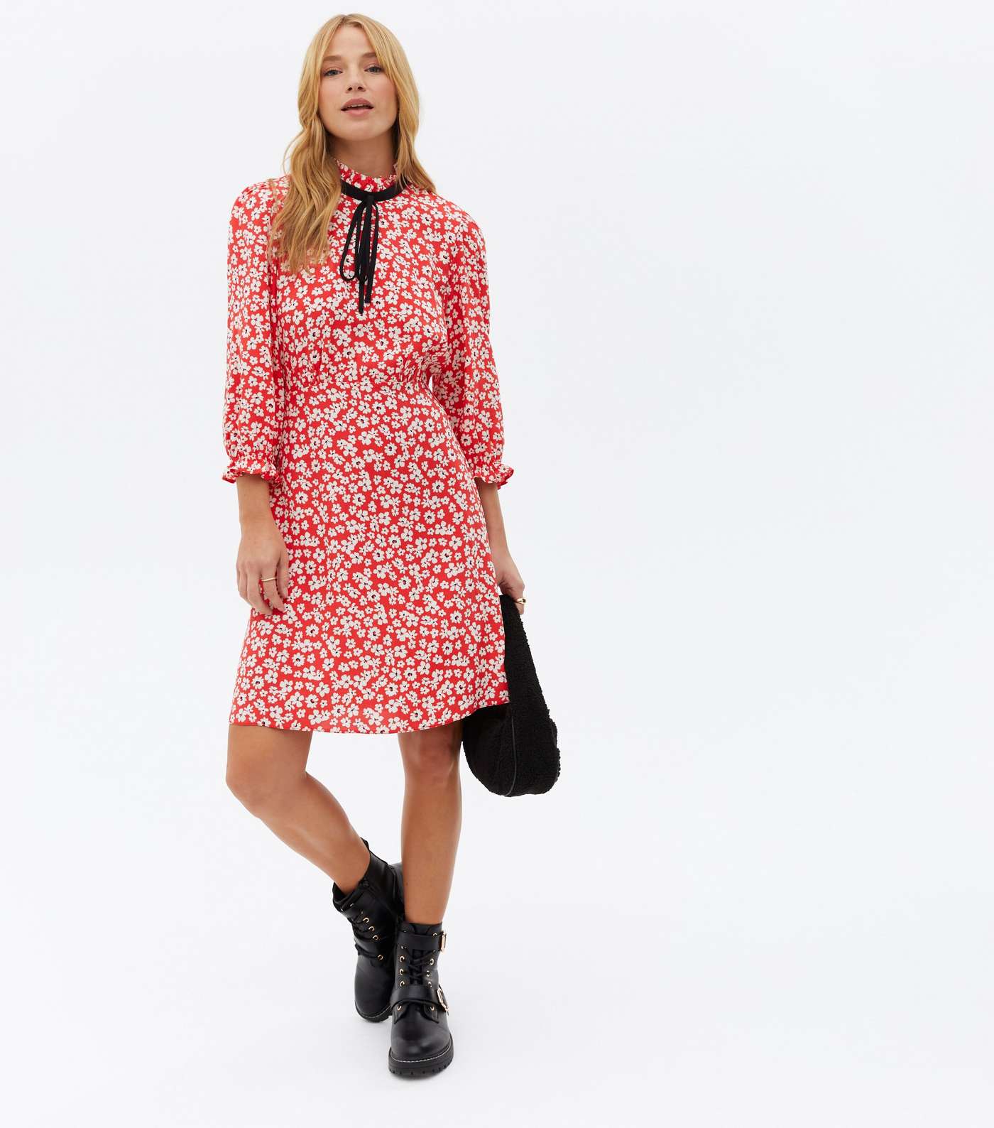 Red Ditsy Floral Tie High Neck Mini Dress Image 2