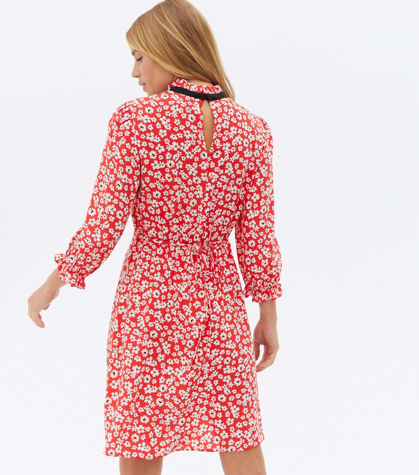 Red Ditsy Floral Tie High Neck Mini Dress Image 4