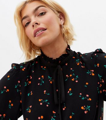 Click to view product details and reviews for Black Floral Tie High Neck 3 4 Sleeve Mini Dress New Look.