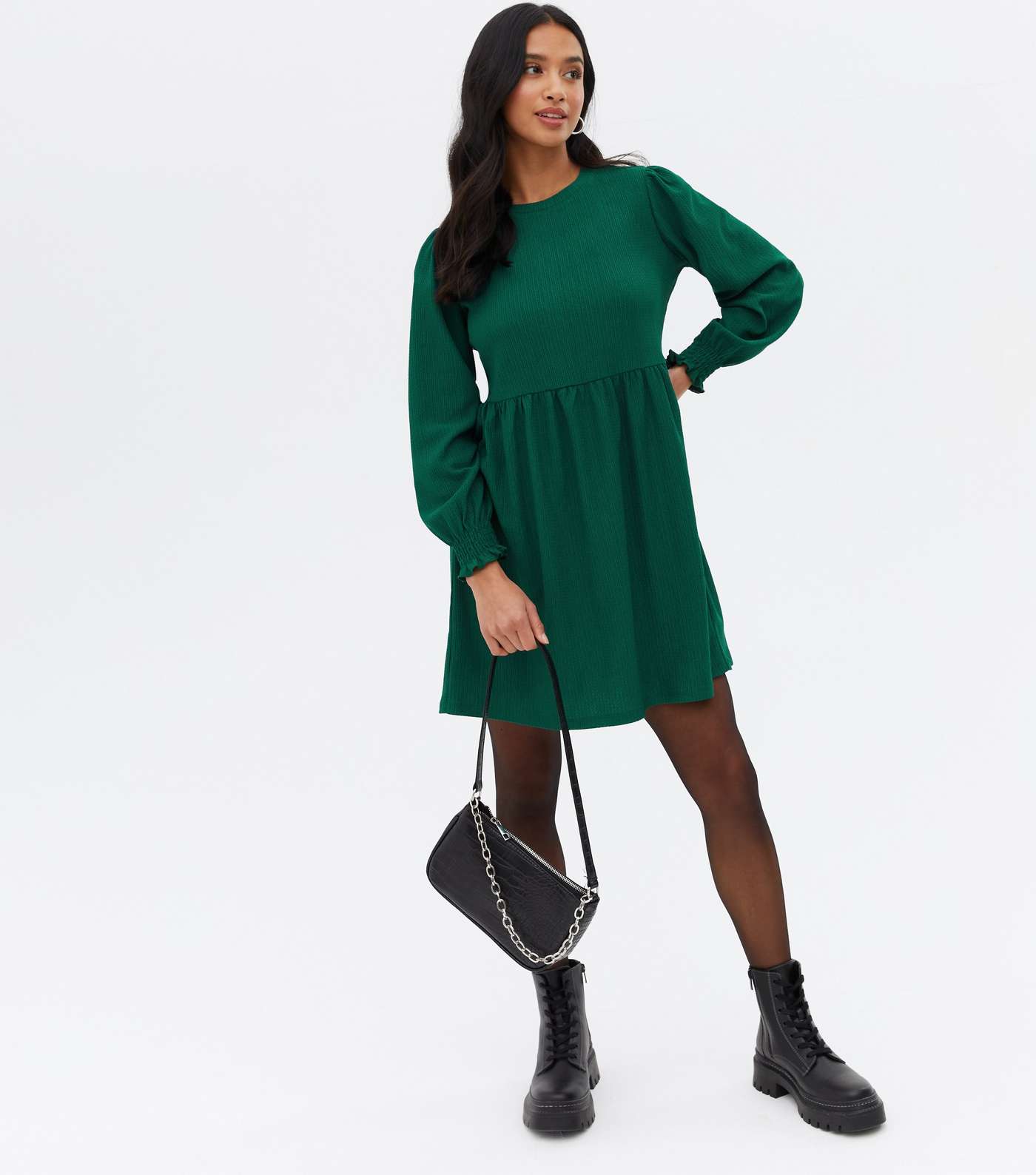 Petite Dark Green Crinkle Jersey Long Sleeve Mini Oversized Smock Dress