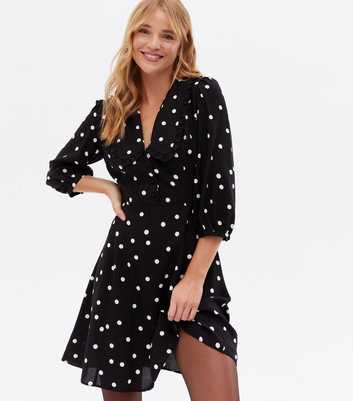 Black Spot Frill Collar Mini Tea Dress
