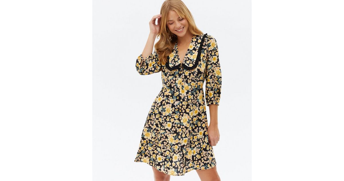 Mustard Floral Frill Collar Mini Tea Dress New Look