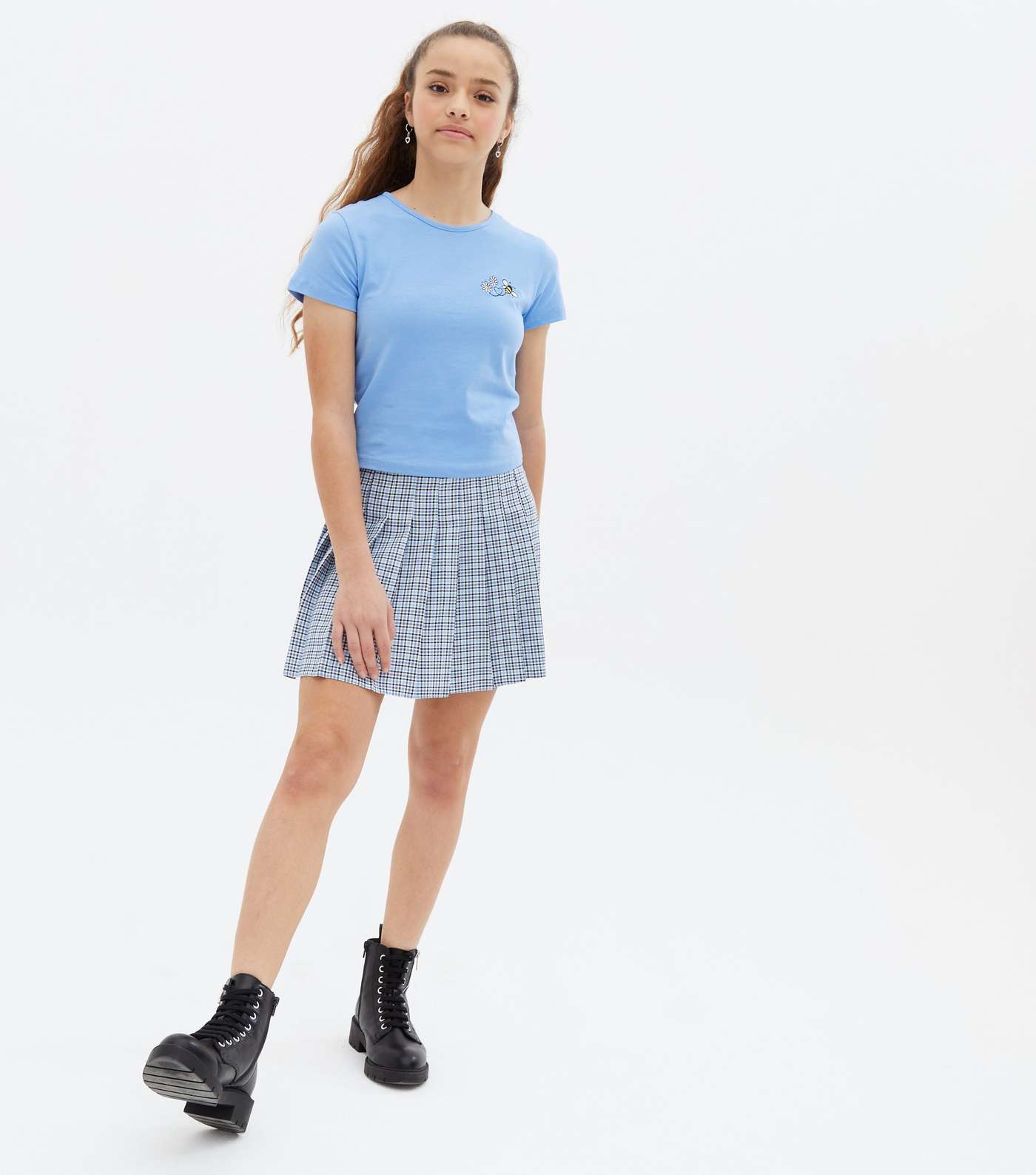 Girls Pale Blue Check Pleated Tennis Skirt