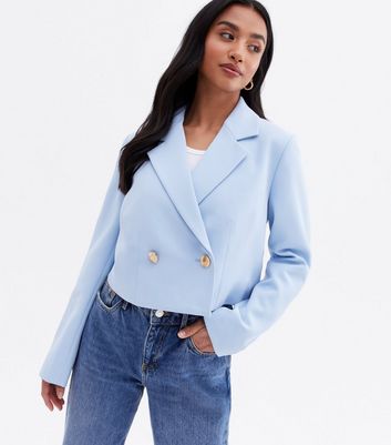 Petite Pale Blue Long Sleeve Crop Blazer New Look