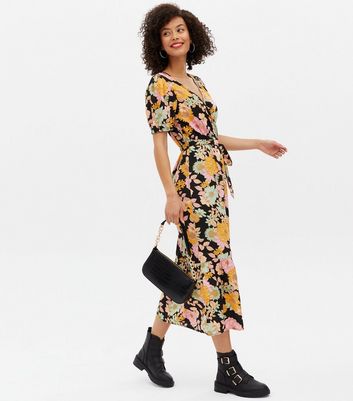 Tall Orange Floral Crepe Tiered Midi Wrap Dress New Look