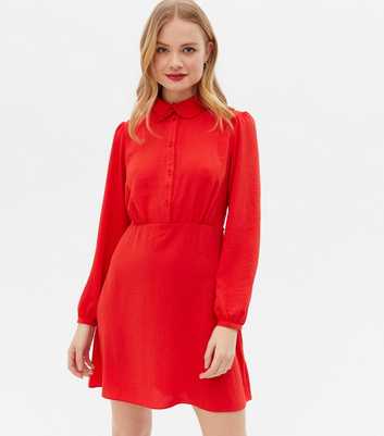 Red Herringbone Frill Collar Mini Shirt Dress