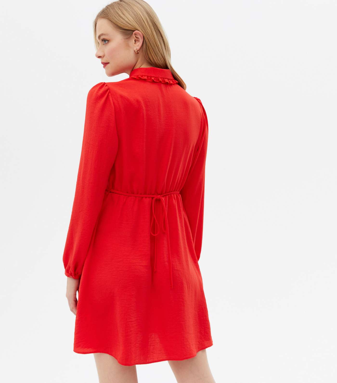 Red Herringbone Frill Collar Mini Shirt Dress Image 4