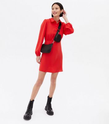 Damen Bekleidung Dark Red Herringbone Frill Collar Mini Shirt Dress