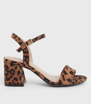 shop for Brown Leopard Print Suedette Open Toe Block Heel Sandals New Look Vegan at Shopo