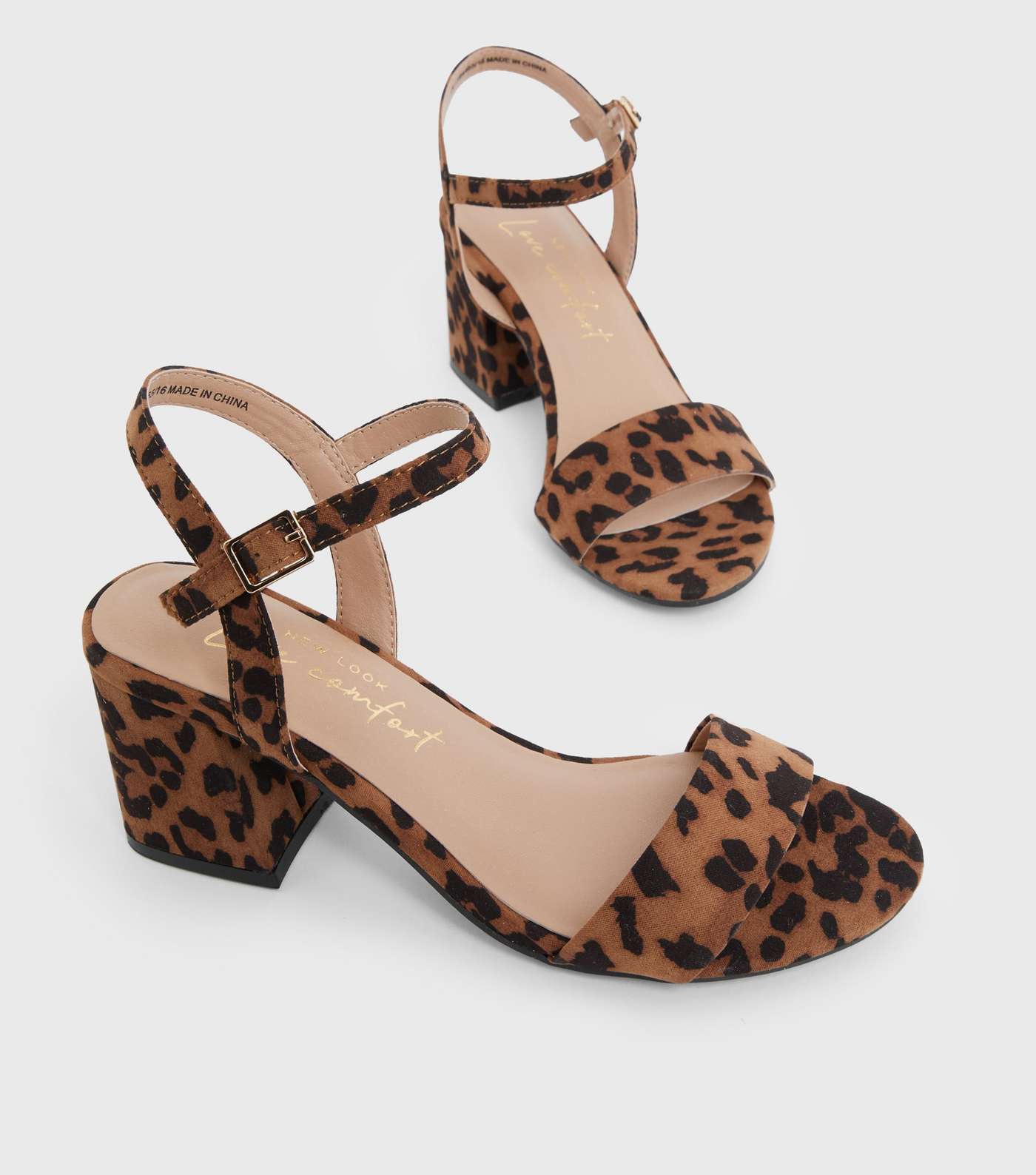 Brown Leopard Print Suedette Open Toe Block Heel Sandals Image 3
