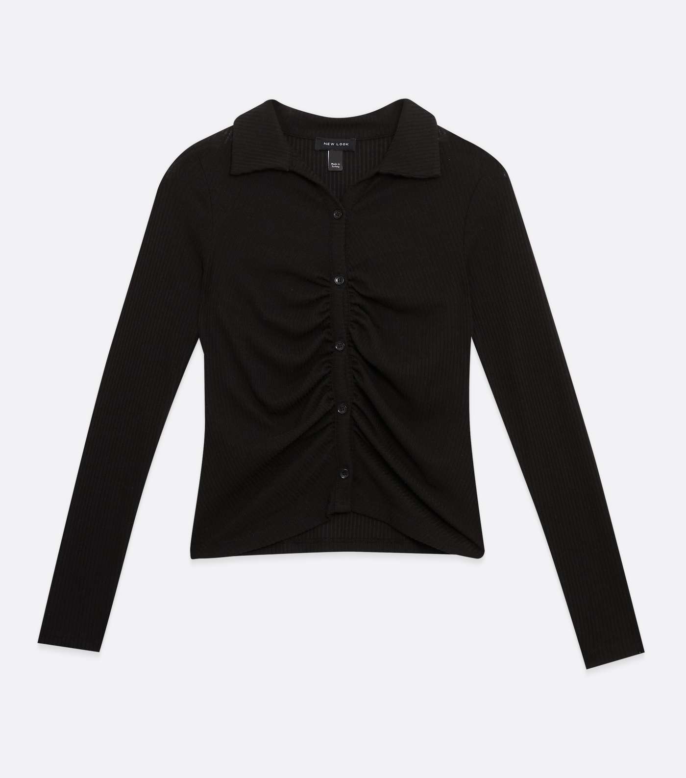 Black Fine Knit Ruched Front Collared Polo Top Image 5
