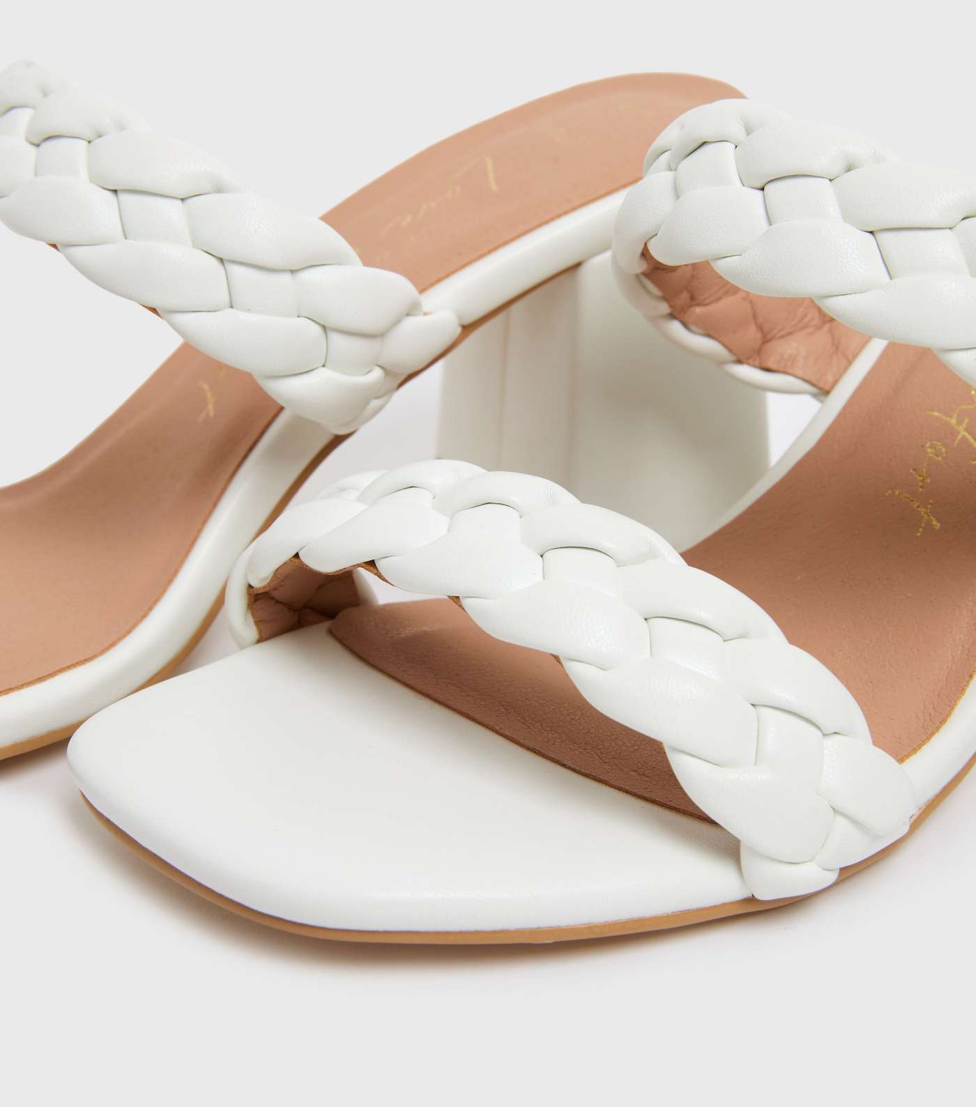 Wide Fit White Plaited Double Strap Block Heel Mules Image 4