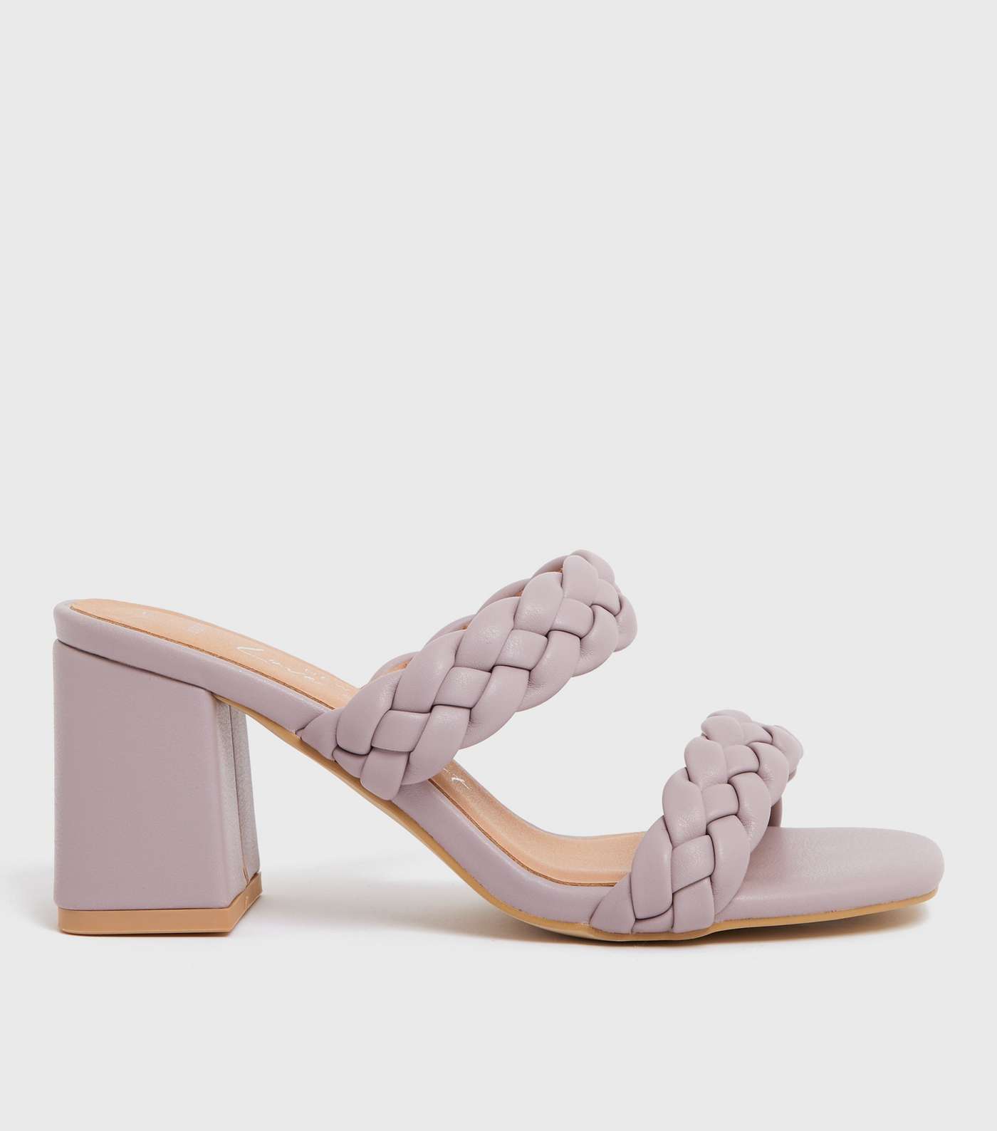 Wide Fit Lilac Plaited Double Strap Block Heel Mules