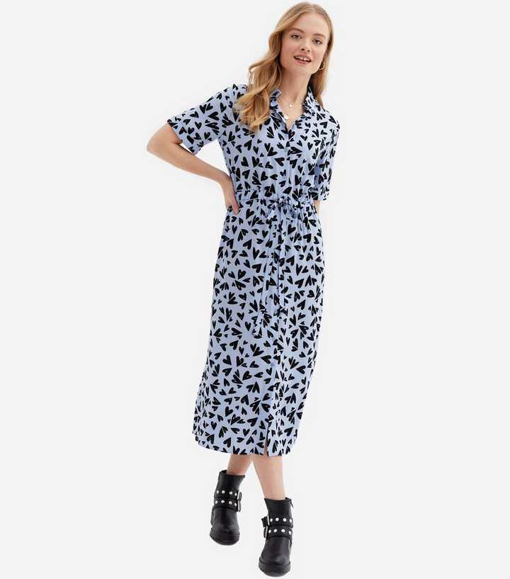 Blue Heart Belted Short Sleeve Midi Shirt Dress