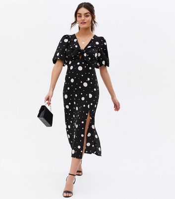 Black Spot Tie Front Split Midi Dress 