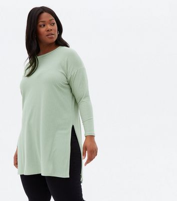 Click to view product details and reviews for Curves Light Green Ribbed Split Long Sleeve Top New Look.