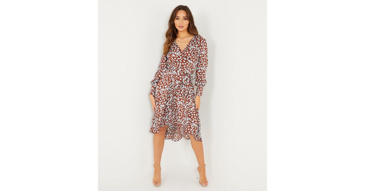 QUIZ Rust Leopard Print Dip Hem Midi Wrap Dress | New Look