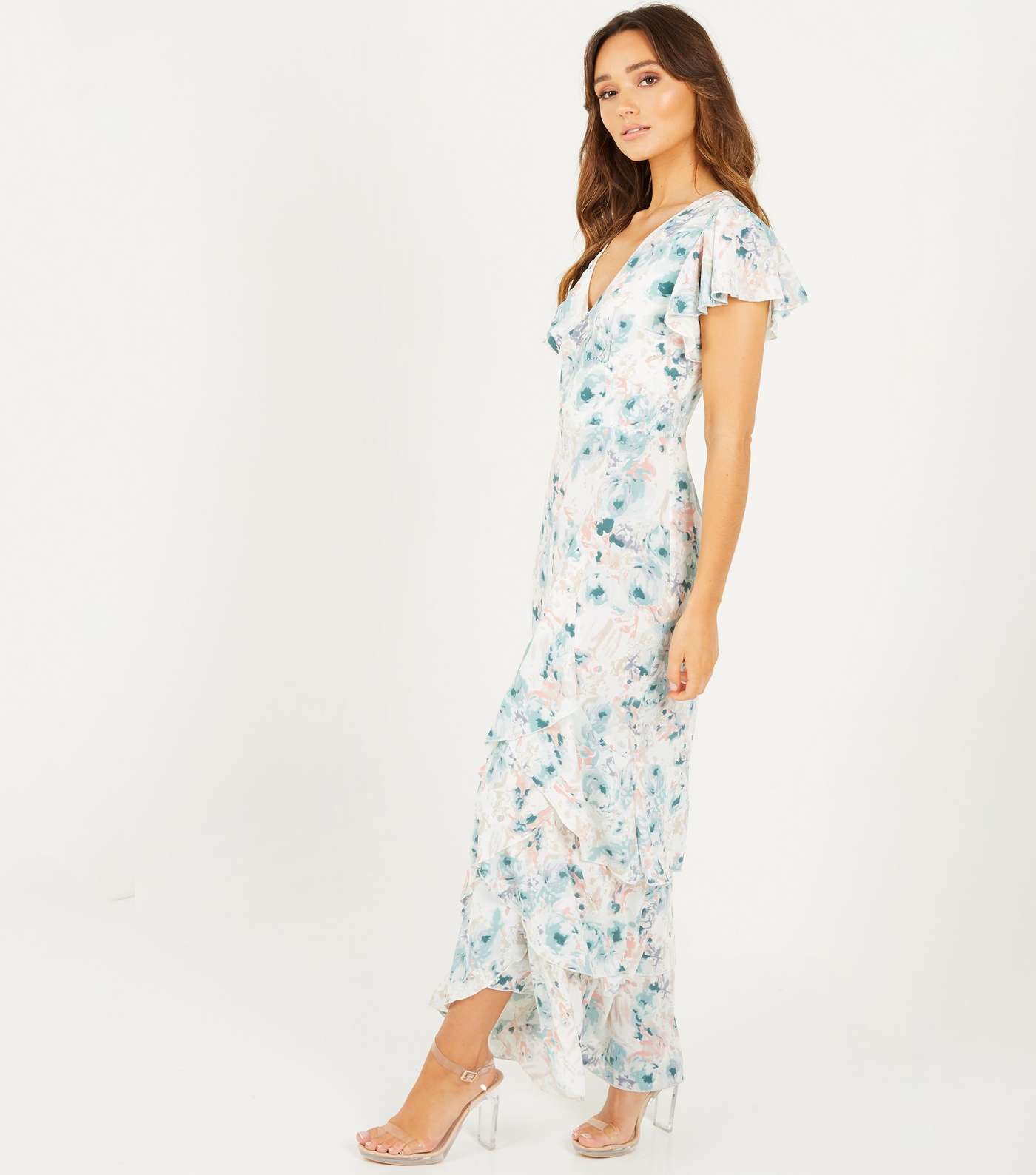 QUIZ White Floral Flutter Sleeve Tiered Maxi Dress Image 2