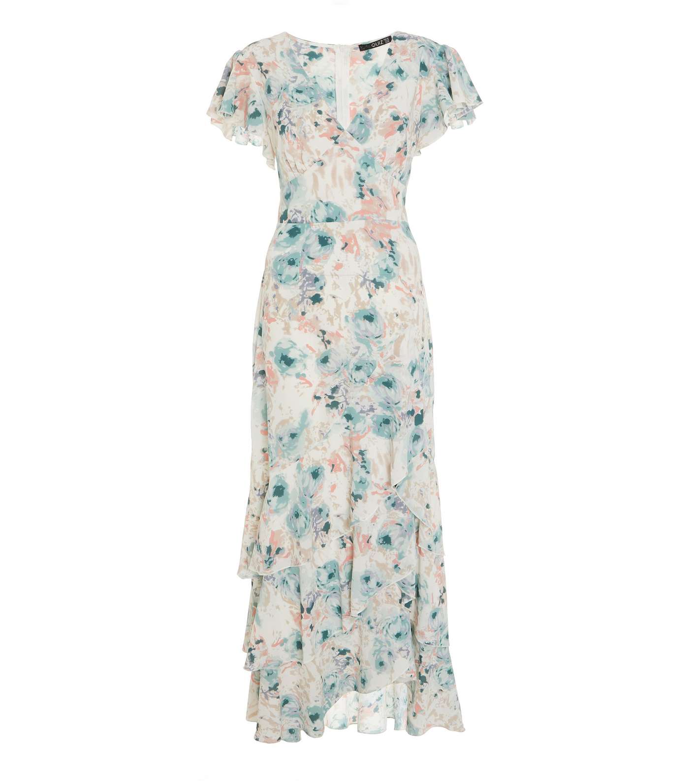 QUIZ White Floral Flutter Sleeve Tiered Maxi Dress Image 4