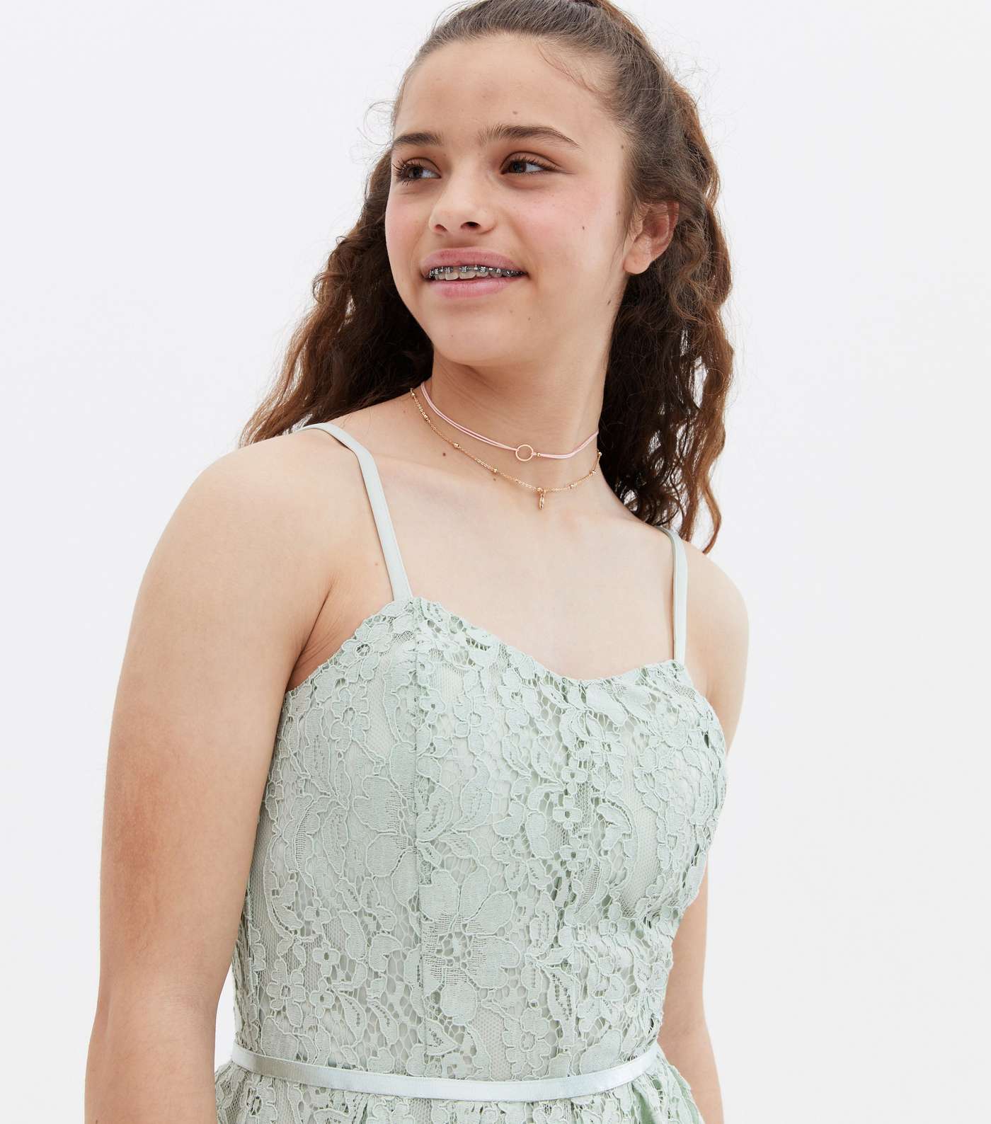 Girls Light Green Lace Strappy Dress Image 3