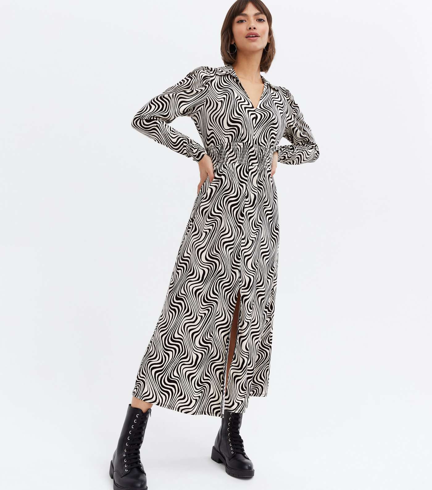 Black Zebra Print Collared V Neck Shirred Midi Dress